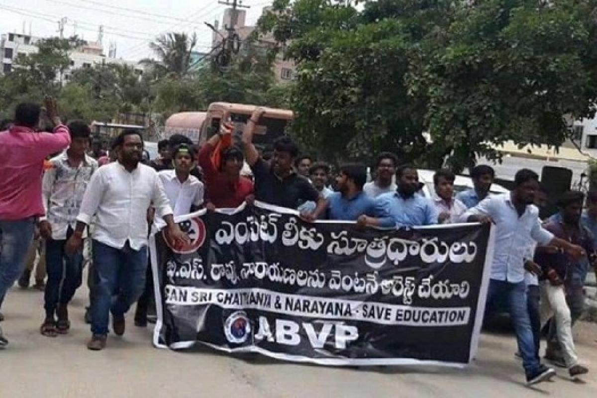 EAMCET leak: ABVP stages protest demanding ban on Narayana and Sri Chaitanya institutions
